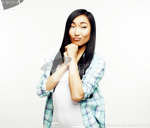 Image of young pretty asian woman posing cheerful emotional isolated on white background, lifestyle people concept