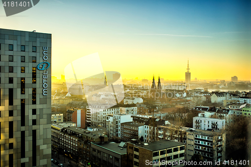 Image of Panoramic view of Hamburg city at sunset