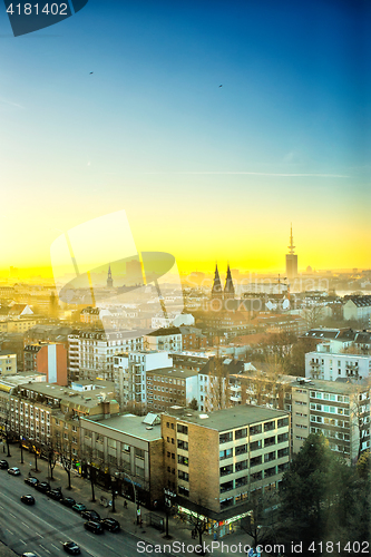 Image of Panoramic view of Hamburg city at sunset