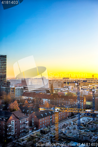 Image of Panoramic view of Hamburg city at sunset