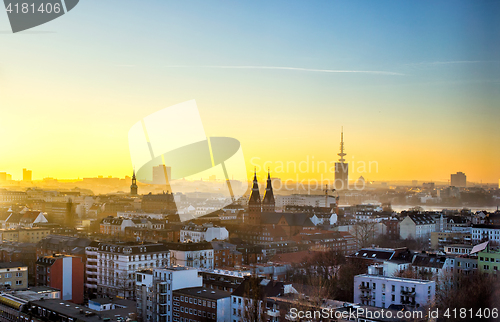 Image of Panoramic view of Hamburg city at sunset