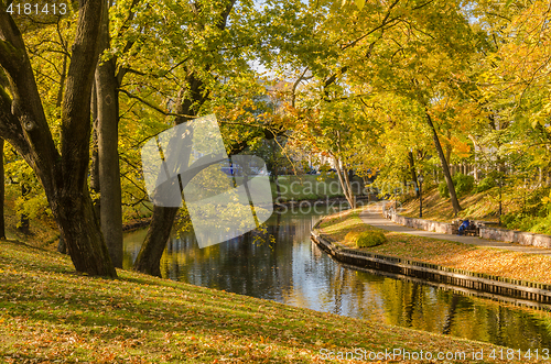 Image of Beautiful autumn park at the channel in Riga