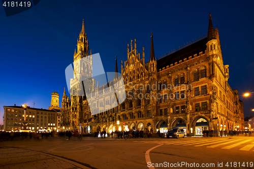 Image of Marienplatz square at night with New Town Hall Neues Rathaus