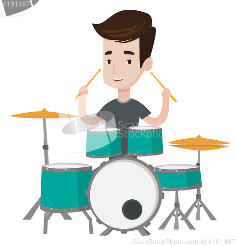 Image of Man playing on drum kit vector illustration.