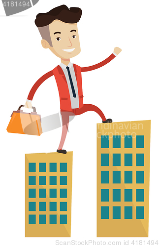 Image of Businessman walking on the roofs of the buildings.