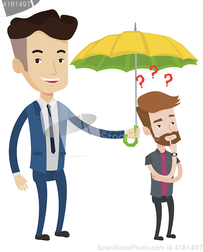 Image of Businessman holding umbrella over young man.