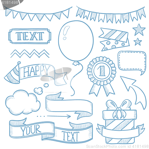 Image of Set of ribbons and elements for party invitation.