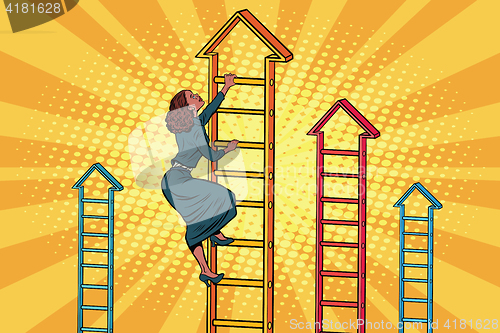 Image of Businesswoman climbing up the business ladder
