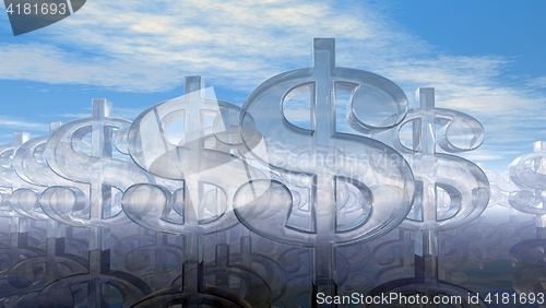 Image of glass dollar symbols under cloudy blue sky - 3d illustration