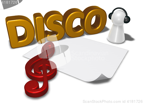 Image of disco tag, blank white paper sheet and pawn with headphones - 3d rendering