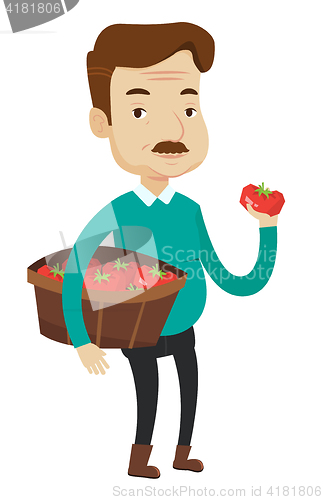 Image of Farmer collecting tomatos vector illustration.