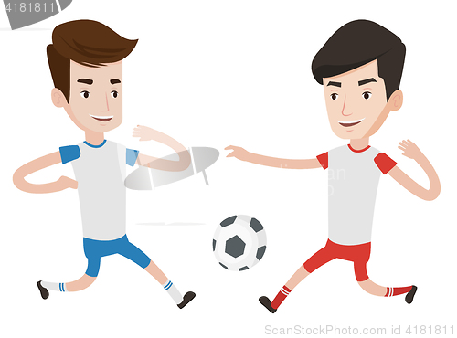 Image of Two male soccer players fighting for ball.