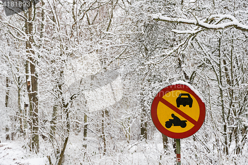 Image of Roadsign in snowy in a snow covered forest