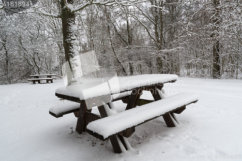 Image of Snow covered benches and tables