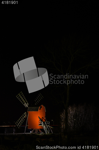 Image of Illuminated wooden windmill, iconic symbol for the island Oland 