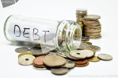 Image of Debt lable in a glass jar with coins spilling out