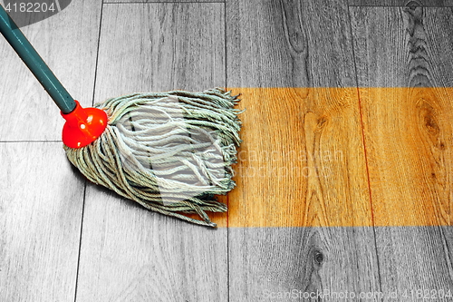 Image of washing wooden floor with wet mop