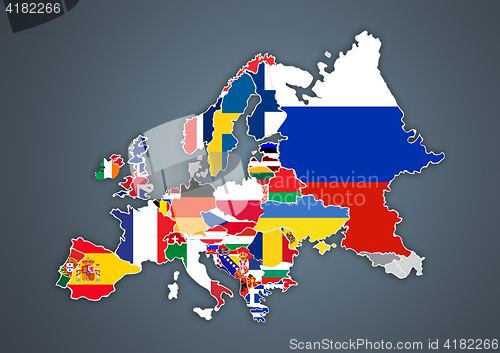 Image of European map with national borders with countries flags