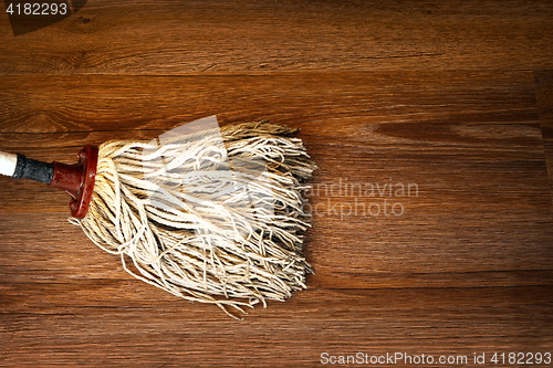 Image of detail of mop cleaning on wood floor
