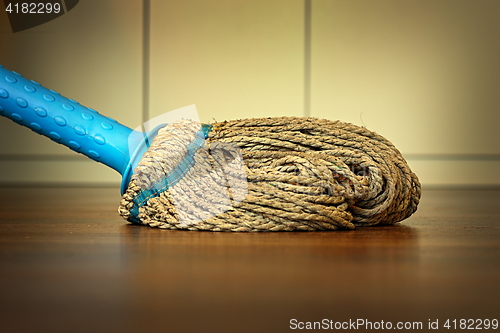 Image of plastic mop on wooden floor