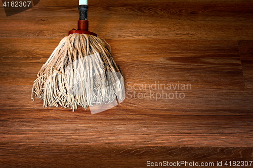 Image of cleaning brown parquet with mop