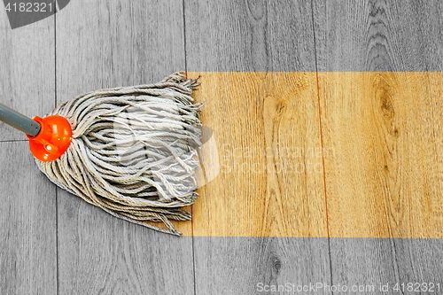 Image of washing dust on wooden floor with mop