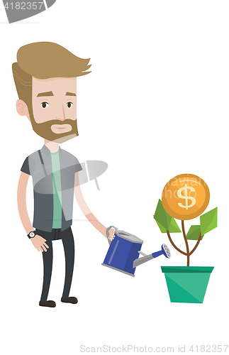 Image of Man watering money flower vector illustration.