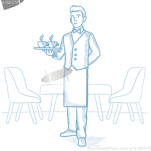 Image of Waiter holding tray with cups of coffeee or tea.