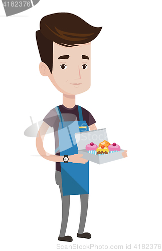 Image of Baker delivering cakes vector illustration.