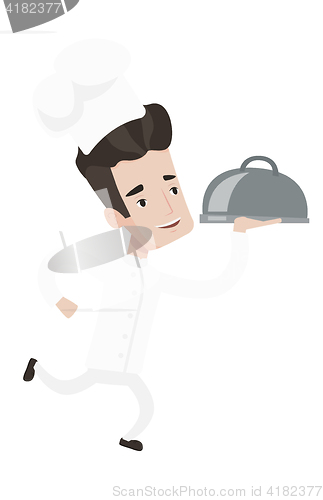 Image of Chef running with cloche vector illustration.