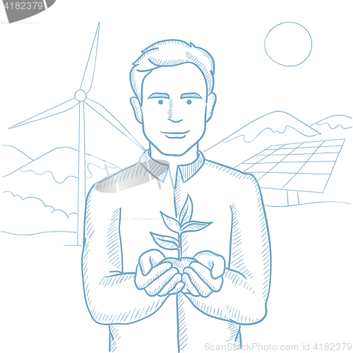 Image of Man holding plant vector sketch illustration.