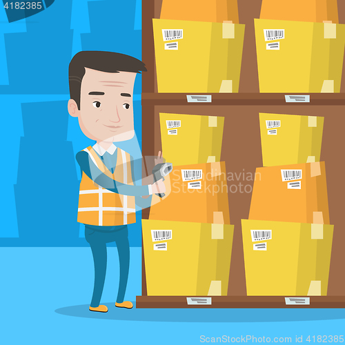 Image of Warehouse worker scanning barcode on box.