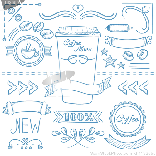 Image of Set of labels, ribbons, frames for coffe menu.