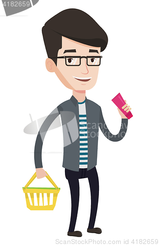 Image of Customer with shopping basket and tube of cream.