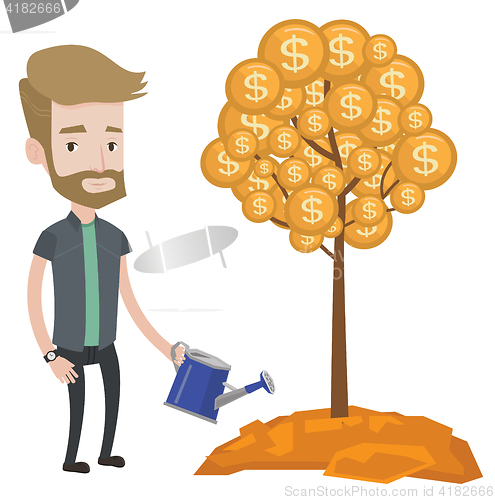 Image of Man watering money tree vector illustration.