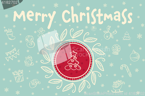 Image of Merry christmas greeting card with christmas tree.