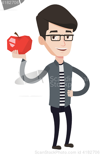 Image of Young man holding apple vector illustration.