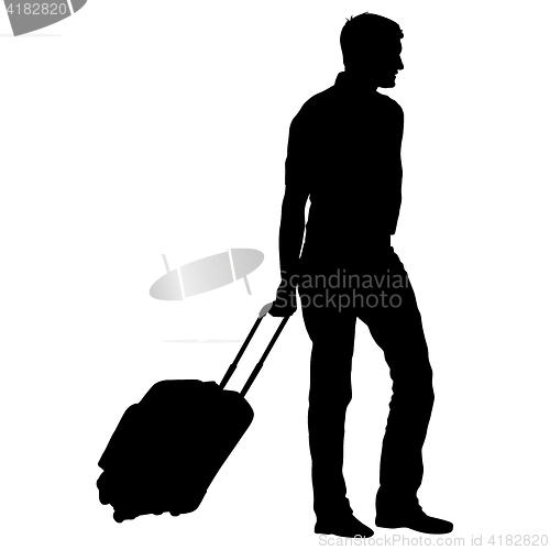 Image of Black silhouettes travelers with suitcases on white background.