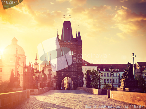 Image of Charles bridge tower in Prague on sunrise