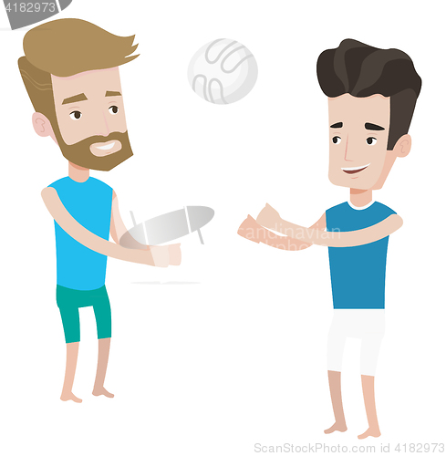 Image of Two men playing beach volleyball.