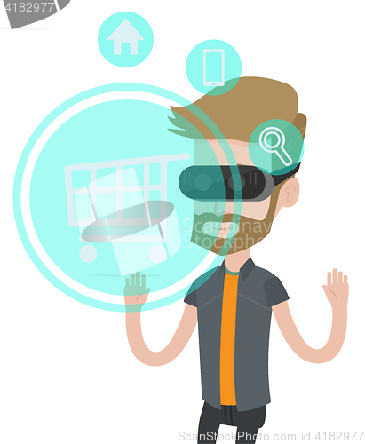 Image of Man in virtual reality headset shopping online.