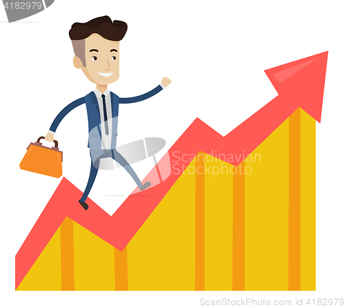 Image of Happy businessman running on profit chart.