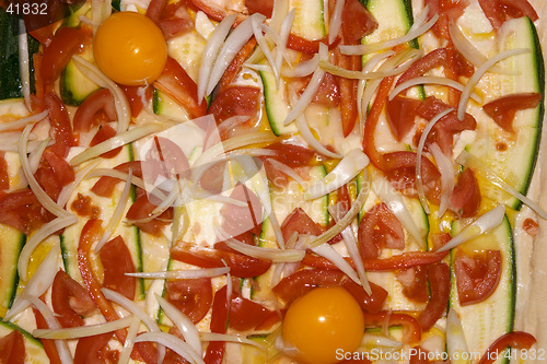 Image of Close-up surface of a paprika, squash, onion and egg pizza