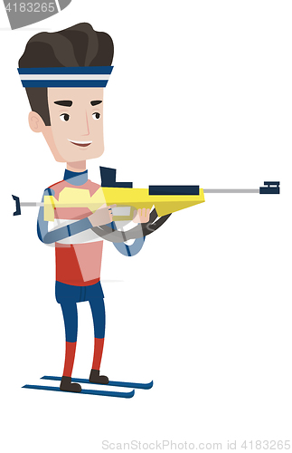 Image of Cheerful biathlon runner aiming at the target.