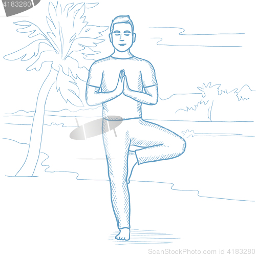 Image of Man practicing yoga on the beach.