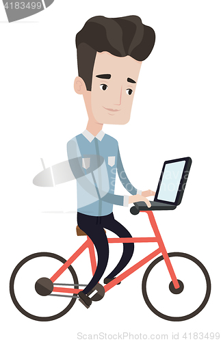 Image of Man riding bicycle with laptop vector illustration