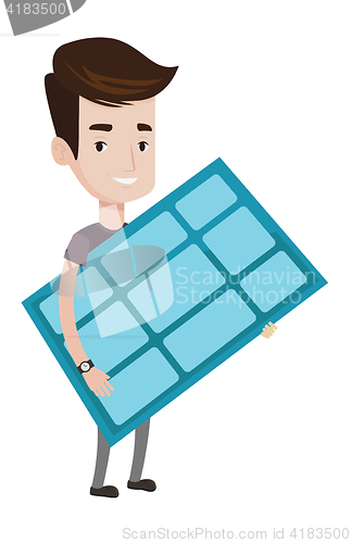 Image of Man holding solar panel vector illustration.