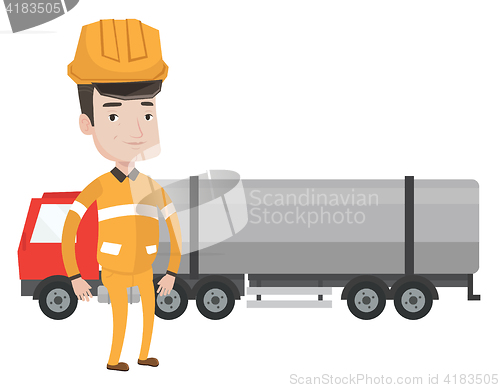 Image of Worker on background of fuel truck.