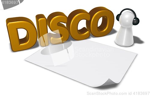 Image of disco tag, blank white paper sheet and pawn with headphones - 3d rendering