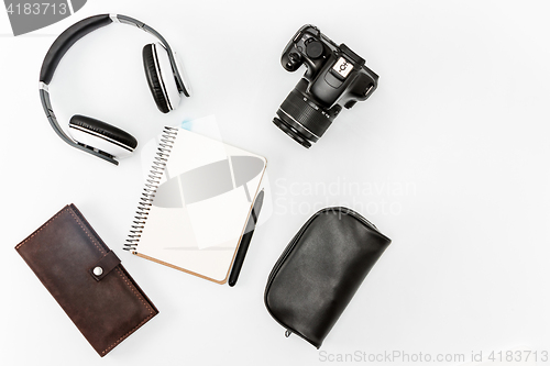 Image of Still life of casual man. Modern male accessories and laptop